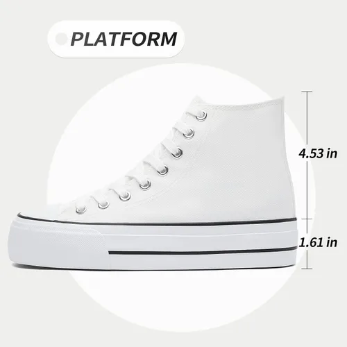 Vista 2 de FINIWOR Tenis de plataforma para mujer, zapatos de lona blancos de alta calidad, zapatos clásicos de plataforma negra, zapatos casuales con cordones
