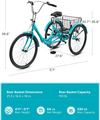 Vista 8 de VIRIBUS Triciclo plegable para adultos, triciclo plegable de 7 velocidades para adultos con cesta con ruedas extraíble, bicicletas plegables de 3