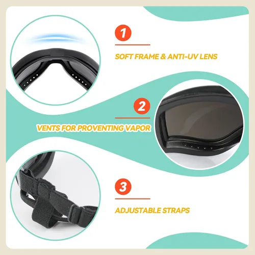 Vista 5 de Gafas de sol para perros de razas grandes, juego de 2 piezas de protección UV negra y transparente, resistente al viento para perros medianos a