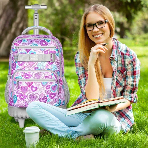 Vista 6 de ZLYERT Mochila con ruedas para mujeres y hombres, mochila con ruedas para niñas y niños, mochila de viaje para adultos, Amor Gris, Moderno