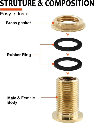 Vista 3 de 2 piezas de accesorios de mamparo de latón, conector de tanque de agua macho de 1/2 pulgada hembra de 3/4 pulgadas con 2 anillos de goma