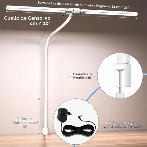 Vista 7 de EYOCEAN Lámpara de escritorio con abrazadera, lámpara de escritorio LED de 31.5 pulgadas para oficina en casa, luz de escritorio de doble cabezal