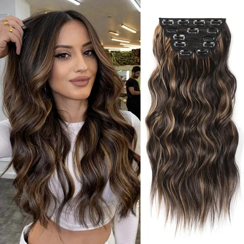 Vista 35 de Extensiones de cabello con clip de Vigorous de 20 pulgadas, con reflejos rubio playa, extensiones de cabello ondulado largo y suave de cabello