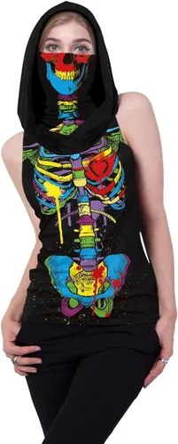 Vista 4 de Ainuno Disfraz de esqueleto para mujer, sudadera sin mangas con capucha de esqueleto divertida para Halloween, camiseta con capucha y máscara