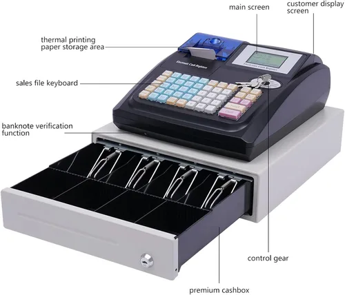 Vista 3 de Caja registradora electrónica con impresoras de recibos y diarios, teclado elevado de 48 teclas, 8 cajas registradoras LED digitales para pequeñas