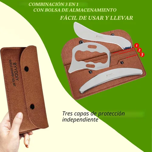 Vista 3 de BYYDDIY Juego de herramientas de raspador muscular de acero inoxidable 3 en 1, herramientas de masaje raspador para terapia física, Derma Edge
