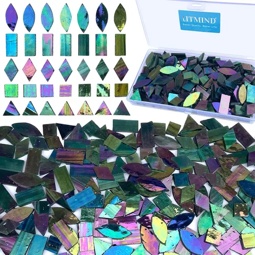 Vista 22 de LITMIND Azulejos de Mosaico de Vidrio Iridiscente Estilo Vitral para Manualidades, 240 Piezas 5 Formas Mixtas de Piezas de Vidrio de Mosaico, Kits