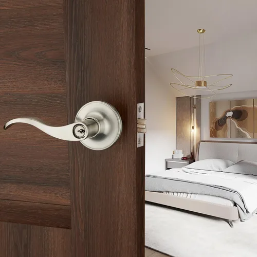 Vista 7 de 1 Paquete de Cerradura de Puerta de Entrada con Llave HENYIN Wave Lever/Pomo de Puerta Hardware Manija y Cerradura de Armario, Color Plateado