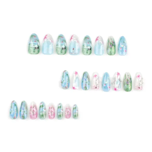 Vista 3 de RTKHFZE Uñas postizas a presión con forma de ataúd de almendra, uñas postizas medianas a presión para primavera y verano, con diseños de flores