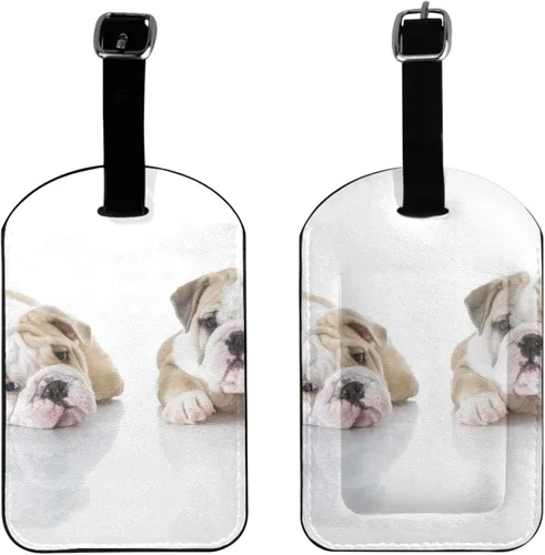 Vista 2 de Lindos cachorros de Bulldog Inglés que juegan aislados, 2 piezas, etiqueta de identificación de privacidad con anillo de acero inoxidable y tarjeta