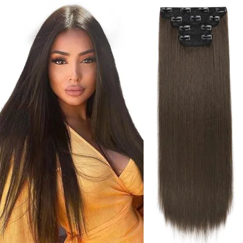 Vista 29 de REECHO - Juego de 4 extensiones de cabello sintético con clip de 12 pulgadas, 14 pulgadas y 16 pulgadas, lacio, largo y grueso, marrón oscuro