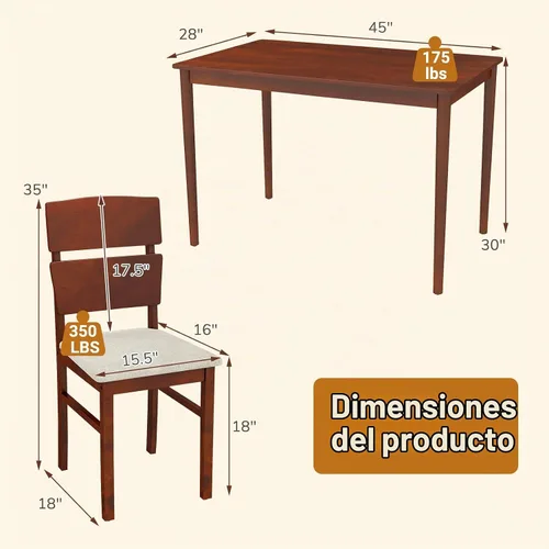 Vista 8 de Giantex Juego de mesa de comedor de 5 piezas para 4, mesa de comedor rectangular de granja con 4 sillas tapizadas, respaldo alto curvo, patas