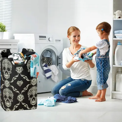 Vista 5 de visesunny Cesta plegable para ropa sucia con diseño de calavera, color negro, grande, de tela Oxford, organizador de juguetes con asa para baño