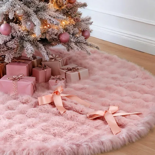 Vista 2 de Falda de árbol de Navidad de 72 pulgadas, decoración de árbol de Navidad rosa para interiores, cuello de árbol de lentejuelas, alfombra de felpa