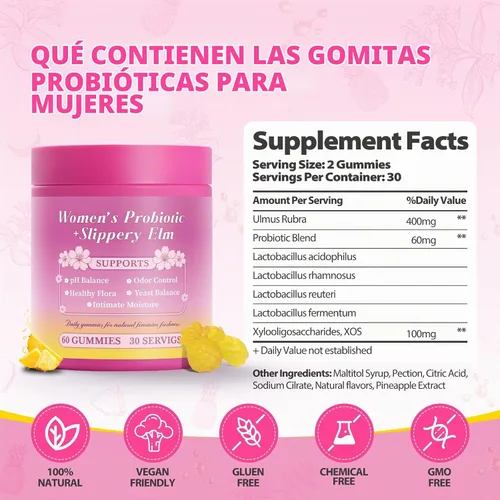 Vista 3 de Sus jugosas gomitas de probióticos femeninos con olmo resbaladizo apoya el equilibrio del pH, la salud intestinal y el sistema inmunológico