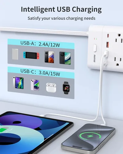 Vista 4 de Regleta de alimentación con protector de sobretensión, extensor de toma y 14 enchufes y 4 puertos USB (2 USB C), cable de extensión de 10 pies
