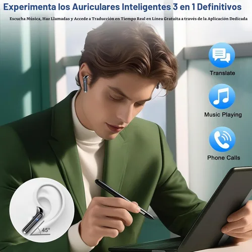 Vista 5 de Auriculares de traducción AI en tiempo real, 164 auriculares de traductor de idiomas 3 en 1 Bluetooth 5.4 con aplicación, auriculares de traducción