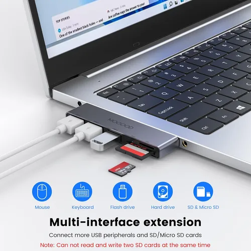 Vista 2 de MOGOOD Adaptador USB 5 en 1 para computadora portátil con SD/TF y 3.0 Multiport Adapter with 5Gbps, 2x USB 2.0 Ports, SD/TF Card Reader, for