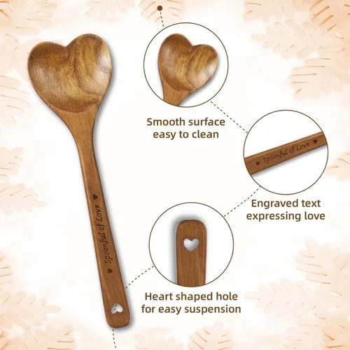 Vista 3 de Cucharas de madera en forma de corazón - Cubertería de cocina de madera en forma de corazón para cocinar con amor, regalos únicos del Día