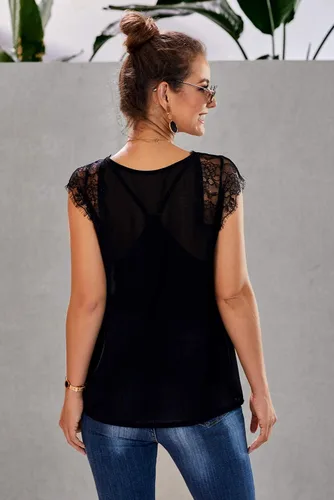 Vista 2 de Blusa de encaje con cuello en V para mujer, blusa casual sin mangas