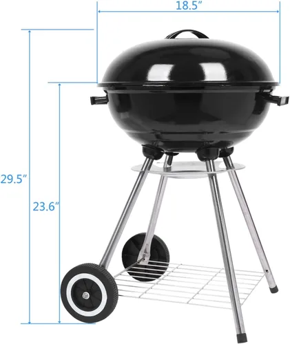 Vista 5 de Parrillas de carbón de 18 pulgadas con ruedas, parrilla de hervidor para cocinar al aire libre, barbacoa, barbacoa, parrilla de carbón con estante