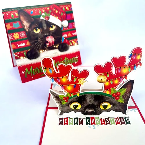 Vista 8 de Tarjeta de cumpleaños de gato negro, tarjeta desplegable 3D con sobre, tarjeta de felicitación de feliz cumpleaños para amantes de los gatos