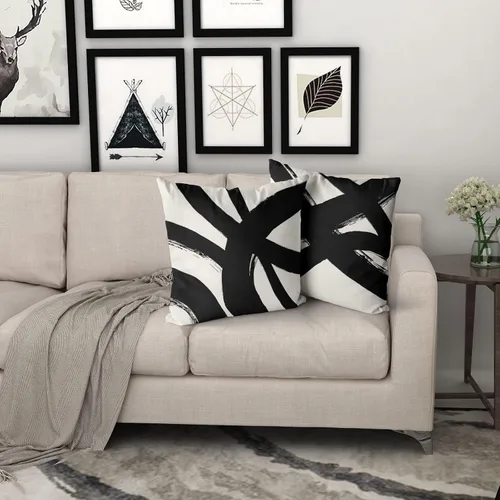 Vista 5 de Juego de 4 fundas de almohada abstractas de color negro y beige de 16 x 16 pulgadas, modernas fundas de cojín a rayas para sala de estar, sofá