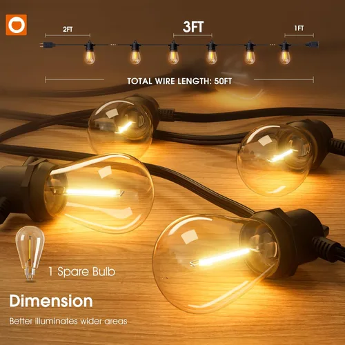 Vista 5 de addlon - Cadena de luces para exteriores de 50 pies con 16 LED Edison regulables, impermeables Shatterproof Energy-Saving Bulbs, Hanging for