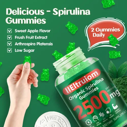 Vista 6 de Gomitas de Clorella de espirulina azul orgánica, 13 en 1 Super Greens & Superfoods, espirulina de 2500 mg de energía diaria mejorada con musgo