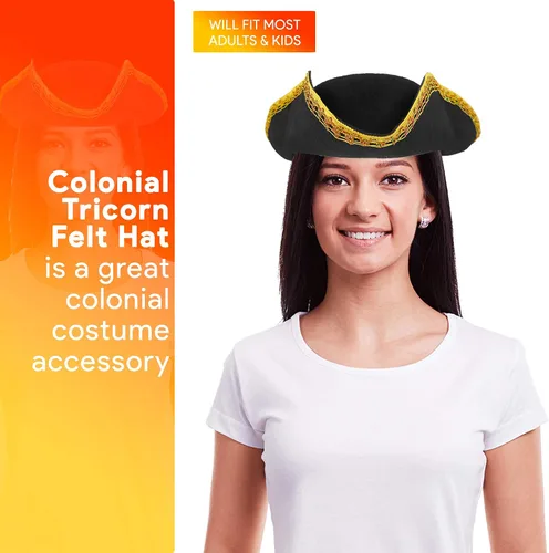 Vista 2 de Skeleteen Sombrero de tricornio negro colonial, disfraz de guerra revolucionaria, sombrero de triesquina de lujo con ribete dorado