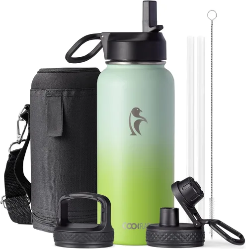 Vista 70 de Coolflask Botella de agua de 20 onzas aislada con pajilla, 3 tapas de metal de acero inoxidable, botella de agua de boca ancha para deportes u