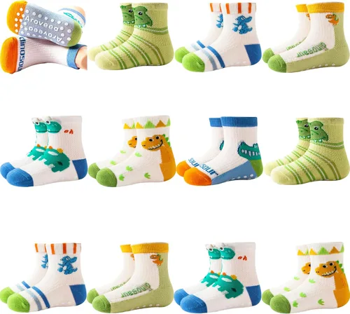 Vista 15 de Calcetines antideslizantes con agarre para tobillos, paquete de 12 unidades para niños pequeños, niños y niñas, lindos calcetines de algodón