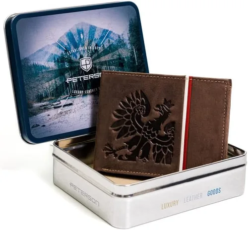 Vista 2 de Cartera de cuero en relieve con águila pulida, ribete blanco y rojo, Águila diagonal marrón, Horizontal