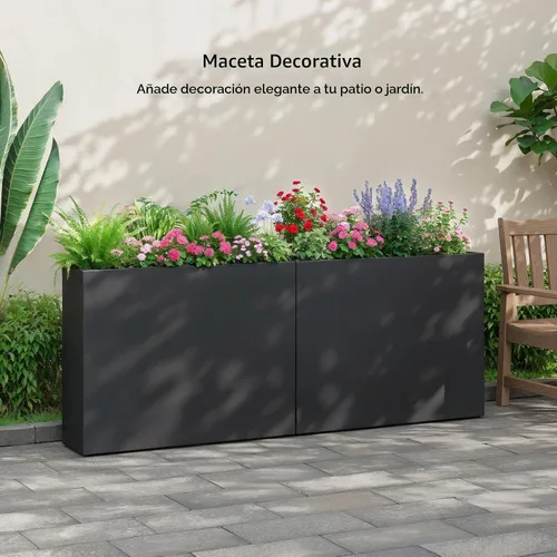 Vista 7 de Stoog - Macetero alto rectangular de metal de 38" - Macetero para todo clima para uso en interiores/exteriores, con estante extraíble y diseño Negro