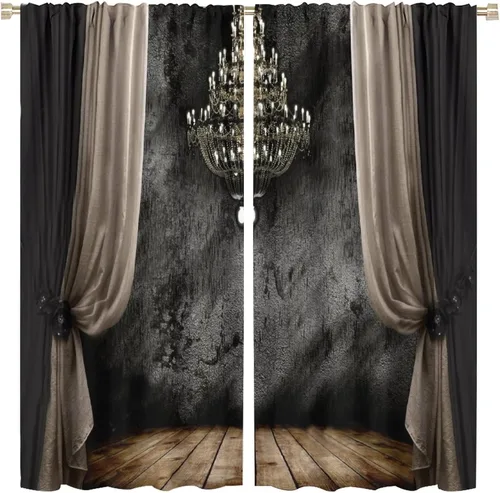 Vista 10 de Cortinas opacas góticas, diseño de calavera de terror de palacio retro, fondo de rosas rojas, sala de estar, dormitorio, cocina, cortinas de ventana