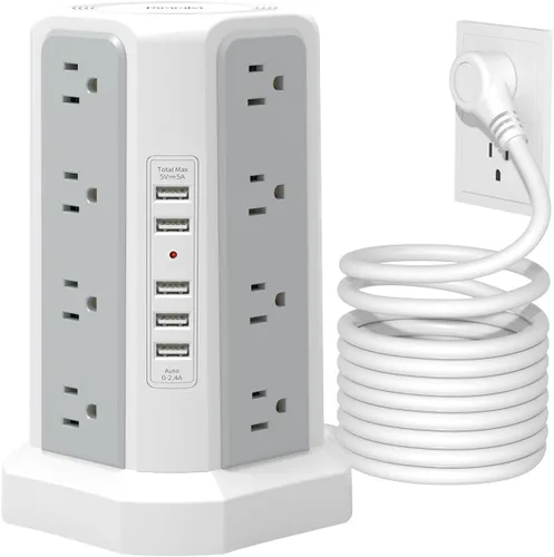 Vista 9 de Regleta de alimentación de torre con PD20W USB C, estación de carga de cable de extensión de escritorio de 6 pies con 12 tomas de corriente alterna