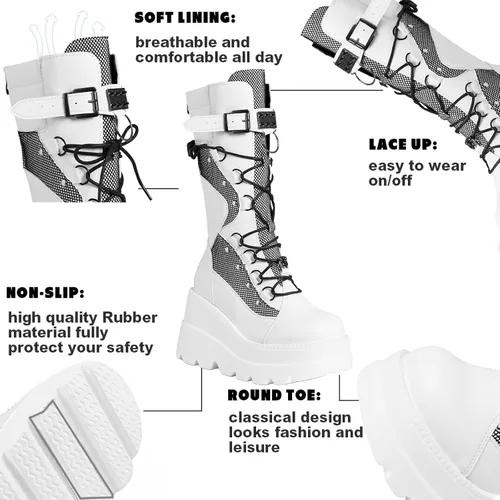 Vista 2 de Tscoyuki Botas góticas de plataforma para mujer, tacón de cuña grueso, botas de combate con cordones y cremallera, punta redonda, botas de media