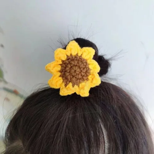 Vista 4 de Juego de 2 unidades de gomas para el pelo para niñas, hechas a mano de algodón, con diseño de girasol, flores amarillas elásticas, encantadores