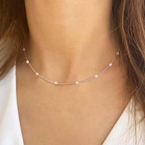 Vista 2 de Collar de perlas chapado en oro de 14 quilates en capas, cadena de espiga simple, para mujer, regalos de joyería
