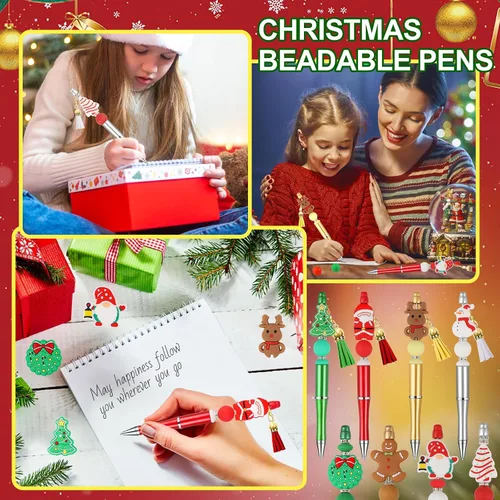 Vista 7 de CZWZ 8 piezas de bolígrafos de cuentas navideños, bolígrafos de plástico con cuentas y cuentas de silicona multicolor, bolígrafos navideños