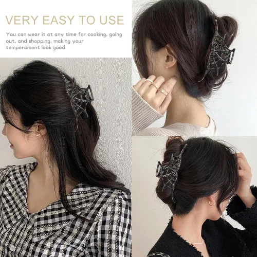 Vista 4 de Pinzas de metal para el cabello con diseño de pinza de telaraña, color negro fuerte y neutro, exquisitos accesorios franceses de lujo para mujeres