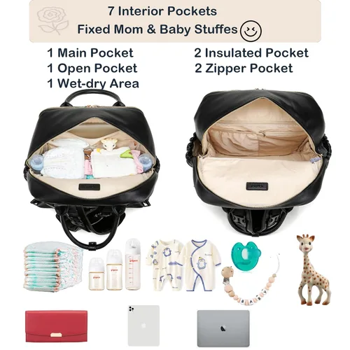 Vista 2 de Mochila de cuero para pañales para mujer con múltiples bolsillos, compartimento para laptop y cambiador.
