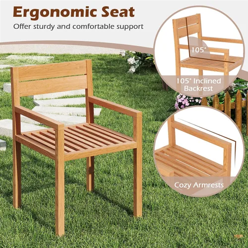 Vista 5 de Tangkula Silla de madera de teca para exteriores, sillón de comedor con asiento y respaldo de tablillas, muebles de asiento de madera maciza