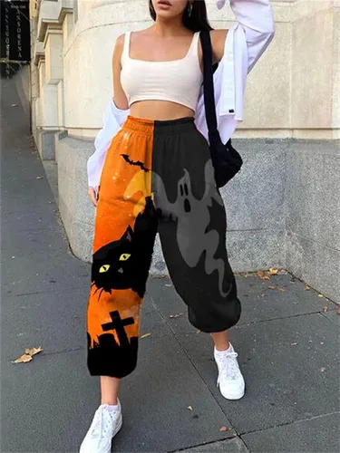 Vista 2 de Mylleure Pantalones deportivos holgados para mujer con bolsillos de cintura alta estampado de retazos deportivos pantalones deportivos de descanso