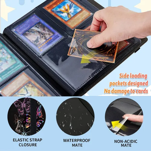 Vista 4 de Carpeta para tarjetas coleccionables de 4 bolsillos, 160 tarjetas, libro con banda elástica que se adapta a la mayoría de tarjetas