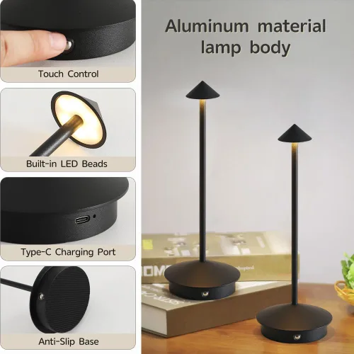 Vista 6 de Paquete de 2 lámparas de mesa inalámbricas de aluminio, lámparas de mesa recargables de 6000 mAh, lámpara LED táctil portátil, lámparas de mesa Negro