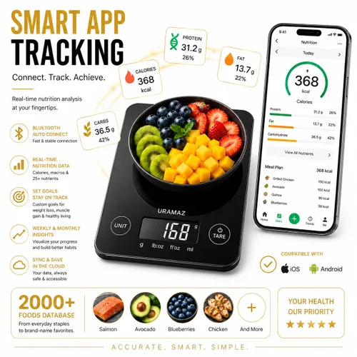 Vista 4 de URAMAZ Báscula de alimentos con calculadora nutricional, báscula digital de alimentos para báscula de cocina gramos y onzas, báscula inteligente