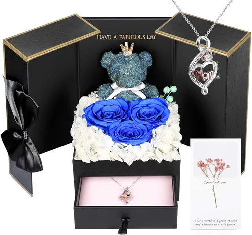 Vista 21 de AddWel Regalos de rosas para mujer, rosas azules reales preservadas con collar I Love You en 100 idiomas y lindo oso de musgo para novia, esposa