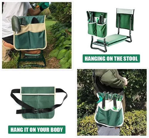 Vista 4 de Taburete plegable de jardín resistente con guantes de bolsillo extraíbles grandes y almohadilla de EVA suave para amantes de la jardinería