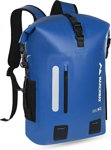 Vista 9 de MARCHWAY Mochila impermeable con parte superior enrollable, bolsa seca flotante de 20L/30L/45L con base rectangular ergonómica, espalda acolchada